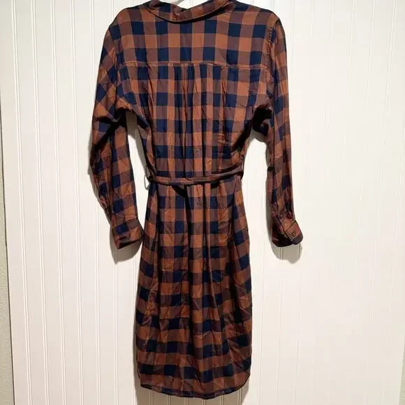 Bridge Burn Emery Gingham Plaid Shirt Dress Brown Navy Blue Size XS